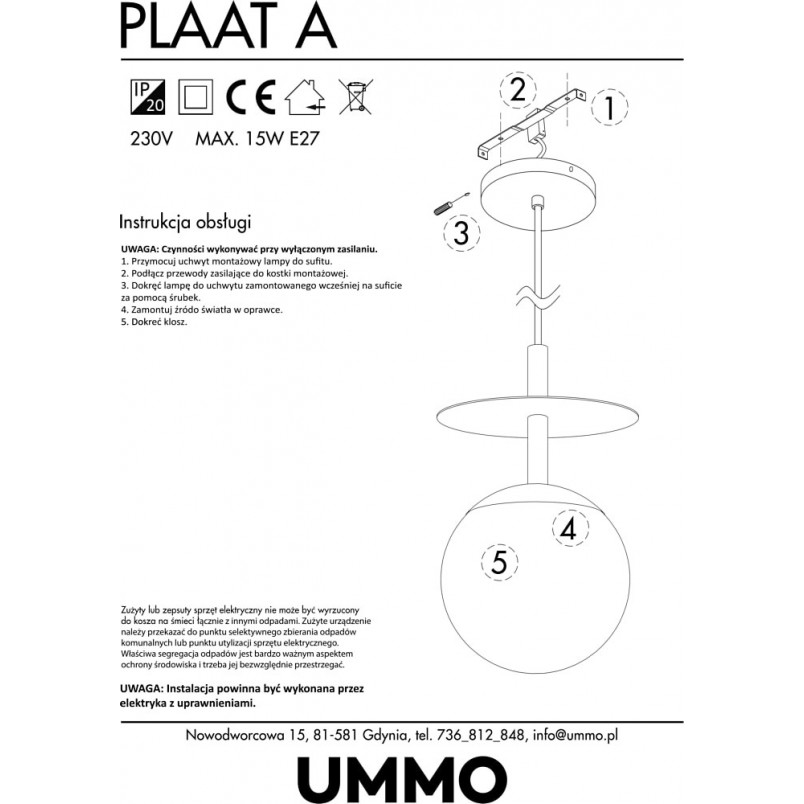 Lampa wisząca Plaat: Szklana kula 20cm | Ummo