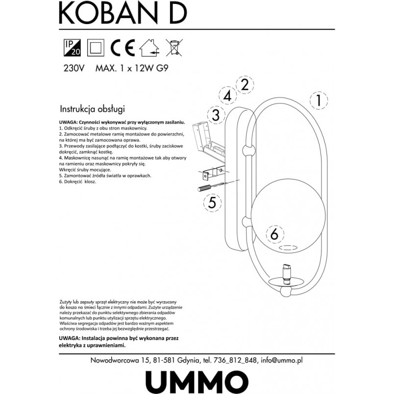 Kinkiet szklany Koban biały Ummo - Eleganckie oświetlenie
