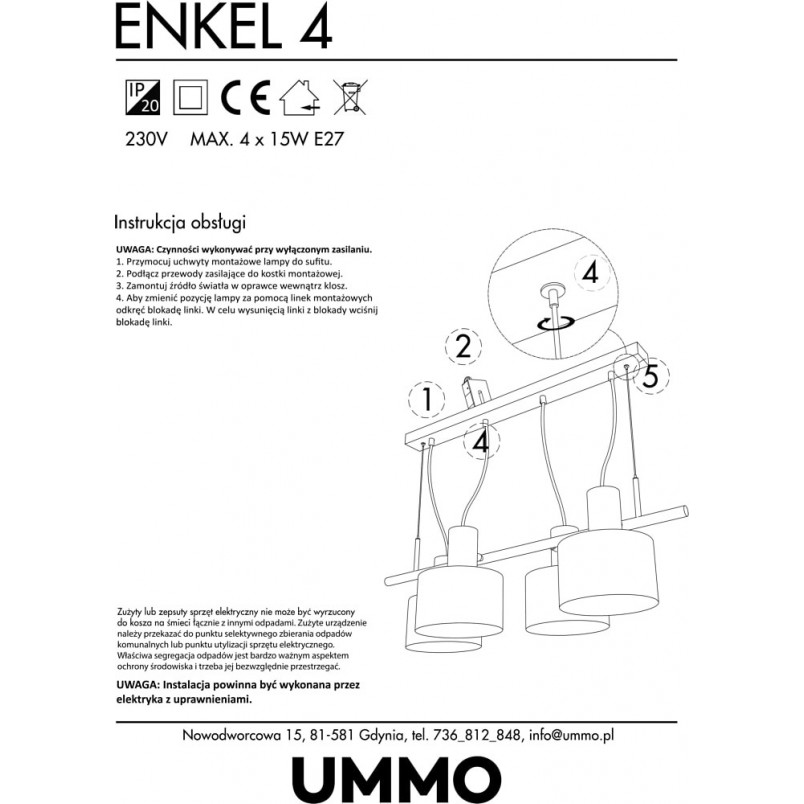 Lampa Wisząca Loft Enkel IV | Biała, Metalowa - Ummo