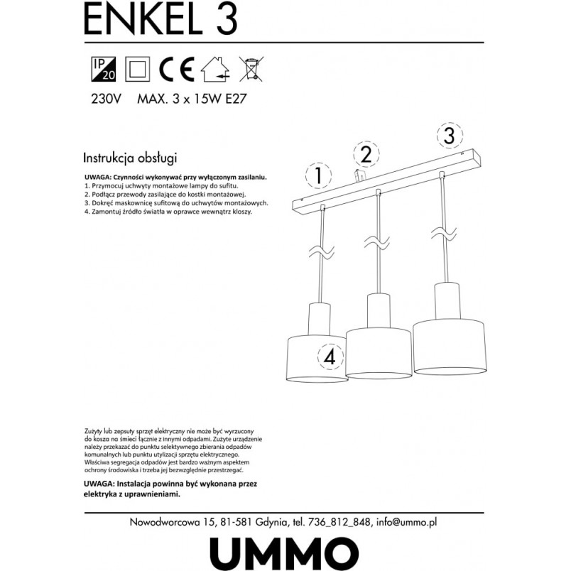 Lampa wisząca Enkel III biała | Skandynawski design Ummo
