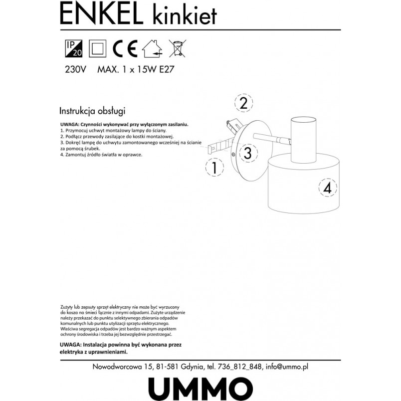 Kinkiet loft Enkel biały Ummo - Skandynawski design