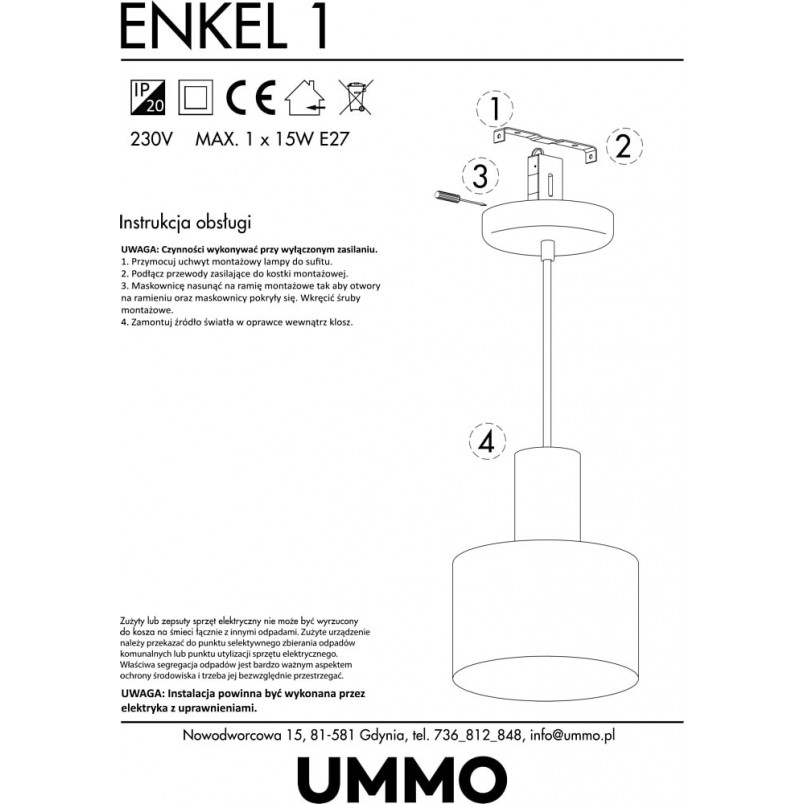 Lampa wisząca loft Enkel biała | Ummo | Sklep z lampami