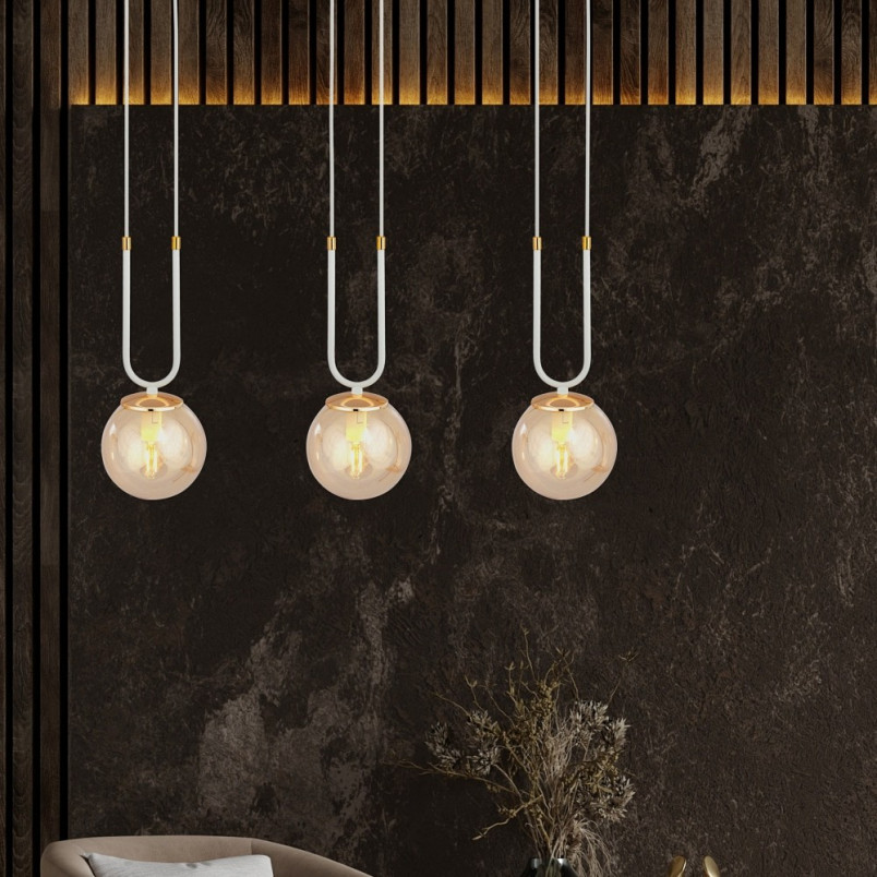 Lampa Wisząca Glam III - Szklane Kule, Biało-Bursztynowa | Emibig