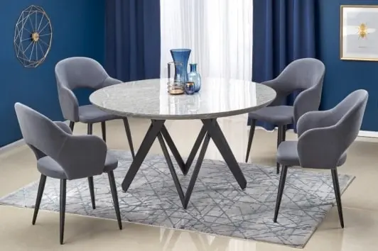 Elegancki stół okrągły z marmurowym blatem i czarną podstawą w stylu glamour Gustimo 140 Halmar